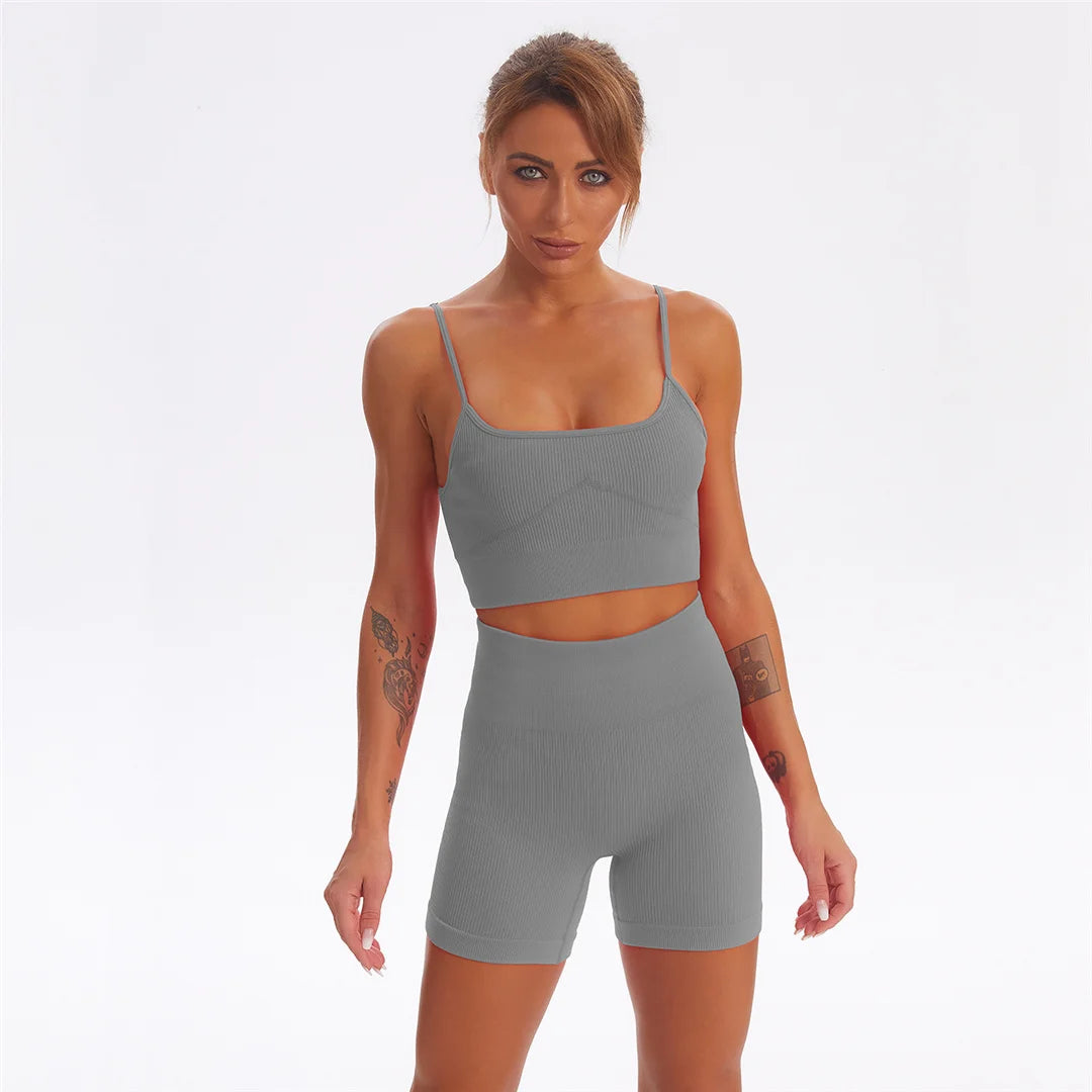 2 PCS Seamless Yoga Suit Women Sports Bra Vest High Waist Leggings Shorts Outfit Gym Set Fitness Workout Clothes Sportswear A056
