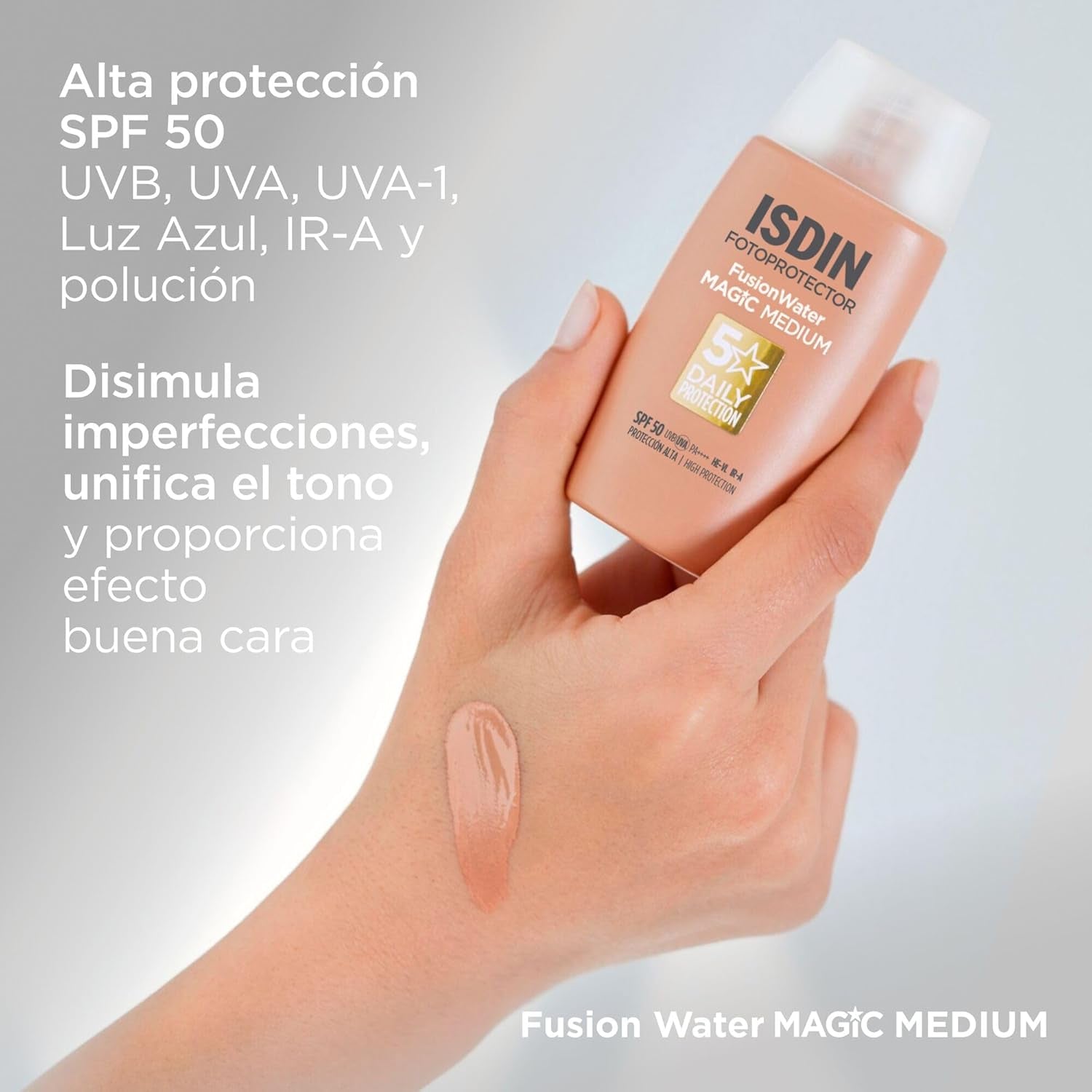 ISDIN Fusion Water Magic Color SPF 50, Protector Solar Facial De Uso Diario Ultraligero Con Color, 3 Tonos Disponibles, 50Ml