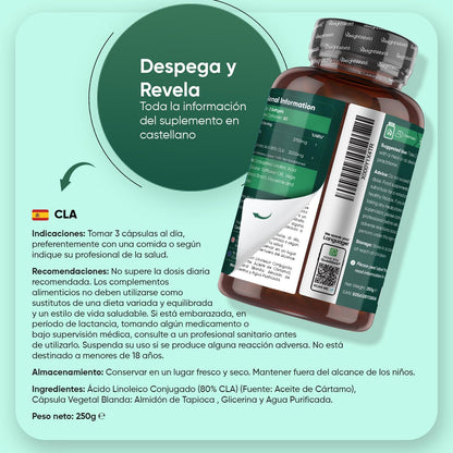 CLA Ácido Linoleico Conjugado 3000Mg 180 Cápsulas - Suplemento Keto De Perlas De Aceite De Cártamo Puro - Fuente Natural De Ácidos Grasos Omega 6 Sin Lactosa, Para 2 Meses
