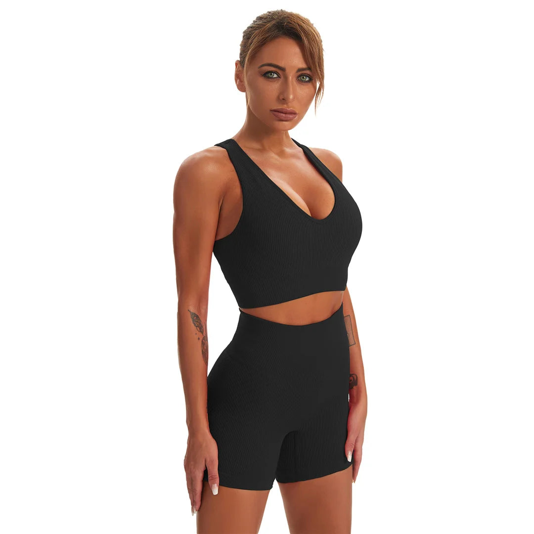 2 PCS Seamless Yoga Suit Women Sports Bra Vest High Waist Leggings Shorts Outfit Gym Set Fitness Workout Clothes Sportswear A056