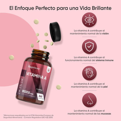 Vitamina a 10000 UI - 365 Comprimidos De Acetato De Retinol Vegano Y Sin OGM Para 1 Año - La Vitamina a Contribuye Al Mantenimiento Normal De La Vista (EFSA)