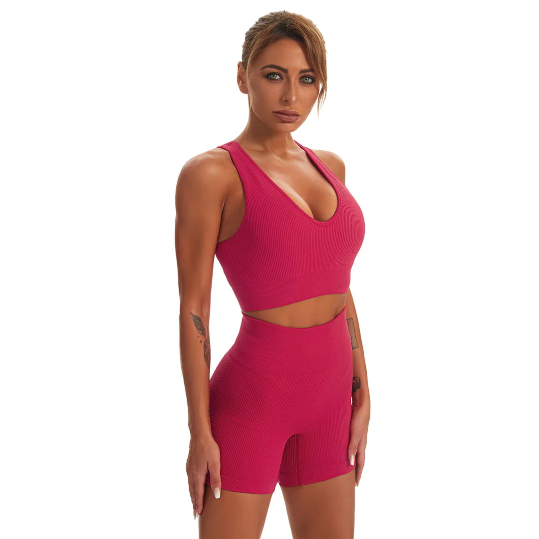 2 PCS Seamless Yoga Suit Women Sports Bra Vest High Waist Leggings Shorts Outfit Gym Set Fitness Workout Clothes Sportswear A056