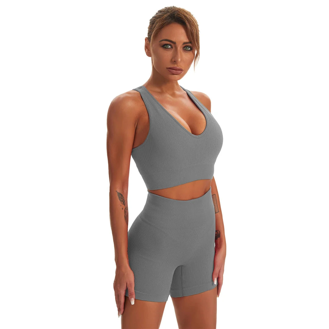 2 PCS Seamless Yoga Suit Women Sports Bra Vest High Waist Leggings Shorts Outfit Gym Set Fitness Workout Clothes Sportswear A056