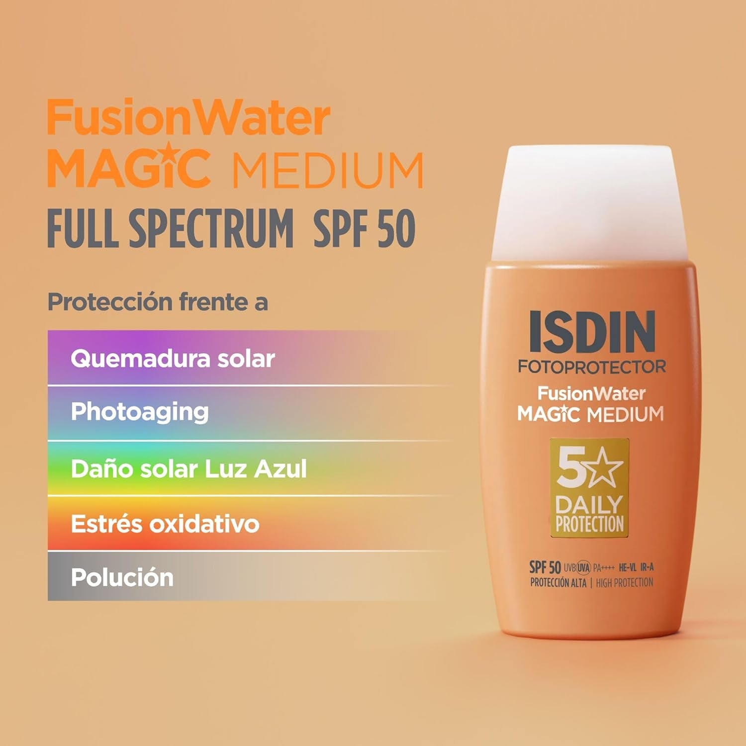 ISDIN Fusion Water Magic Color SPF 50, Protector Solar Facial De Uso Diario Ultraligero Con Color, 3 Tonos Disponibles, 50Ml