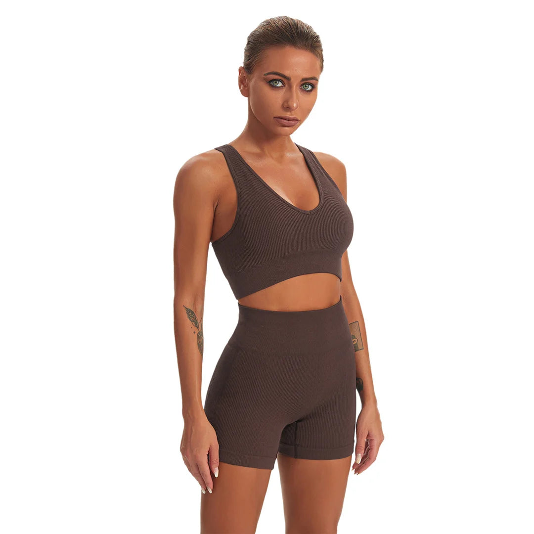 2 PCS Seamless Yoga Suit Women Sports Bra Vest High Waist Leggings Shorts Outfit Gym Set Fitness Workout Clothes Sportswear A056