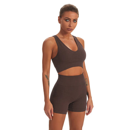 2 PCS Seamless Yoga Suit Women Sports Bra Vest High Waist Leggings Shorts Outfit Gym Set Fitness Workout Clothes Sportswear A056