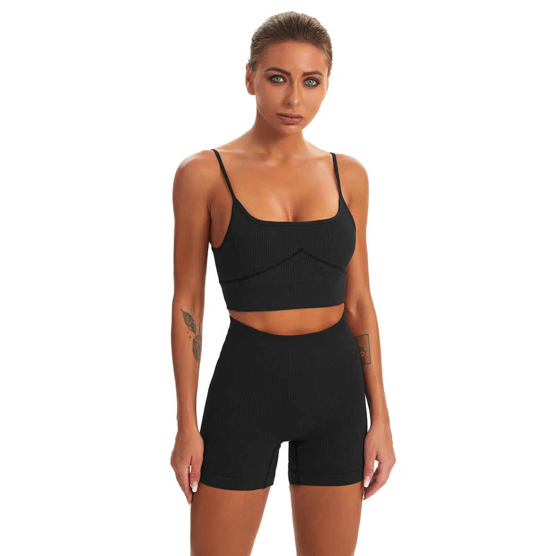 2 PCS Seamless Yoga Suit Women Sports Bra Vest High Waist Leggings Shorts Outfit Gym Set Fitness Workout Clothes Sportswear A056