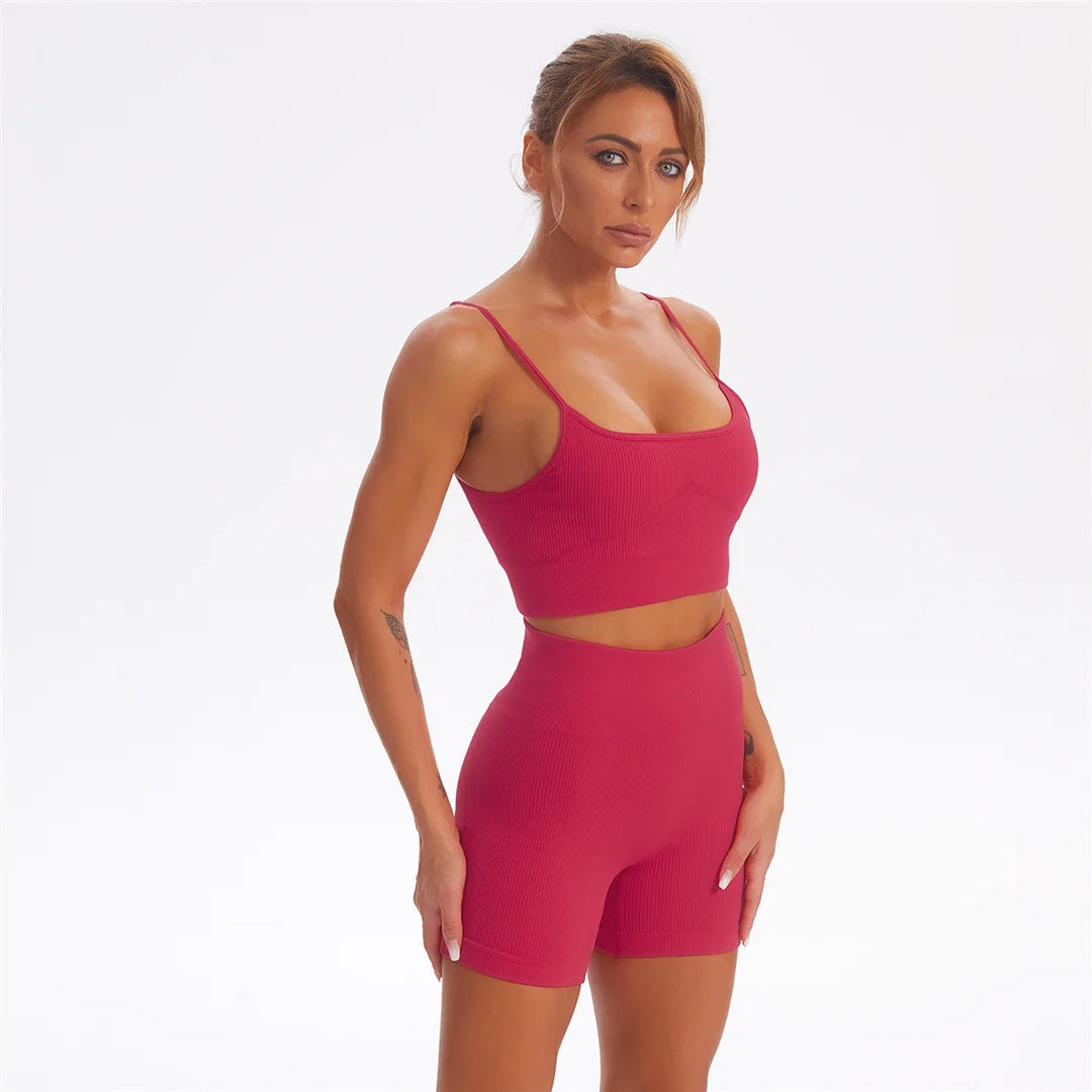 2 PCS Seamless Yoga Suit Women Sports Bra Vest High Waist Leggings Shorts Outfit Gym Set Fitness Workout Clothes Sportswear A056