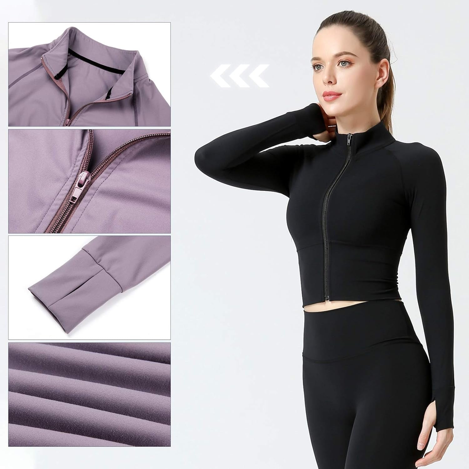 Women’ Athletic Jacket Full Zip up Tight Cropped Black Bodysuit Workout Crop Top Teen Girl Seamless Ribbed Lightweight Outerwear Tracksuit