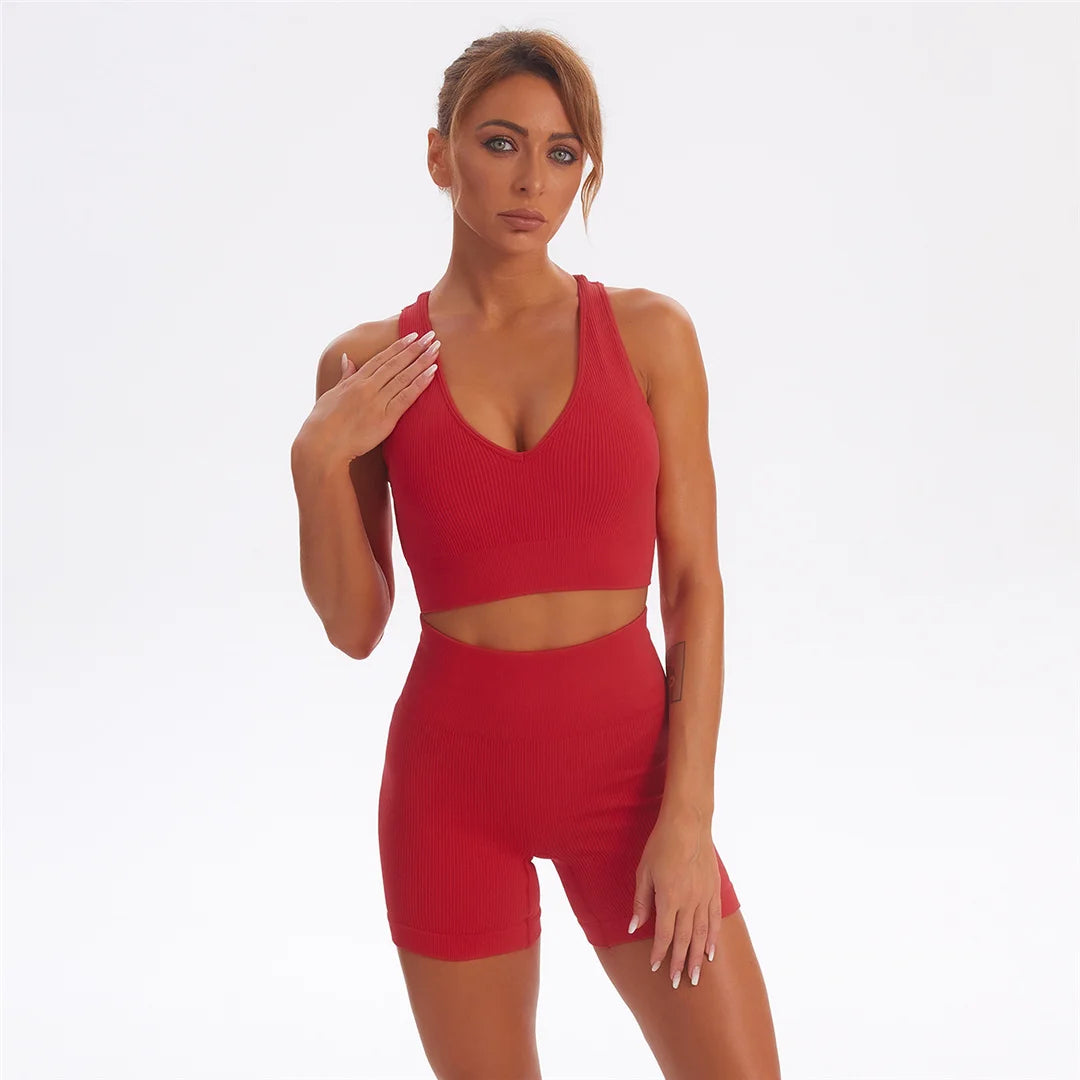 2 PCS Seamless Yoga Suit Women Sports Bra Vest High Waist Leggings Shorts Outfit Gym Set Fitness Workout Clothes Sportswear A056