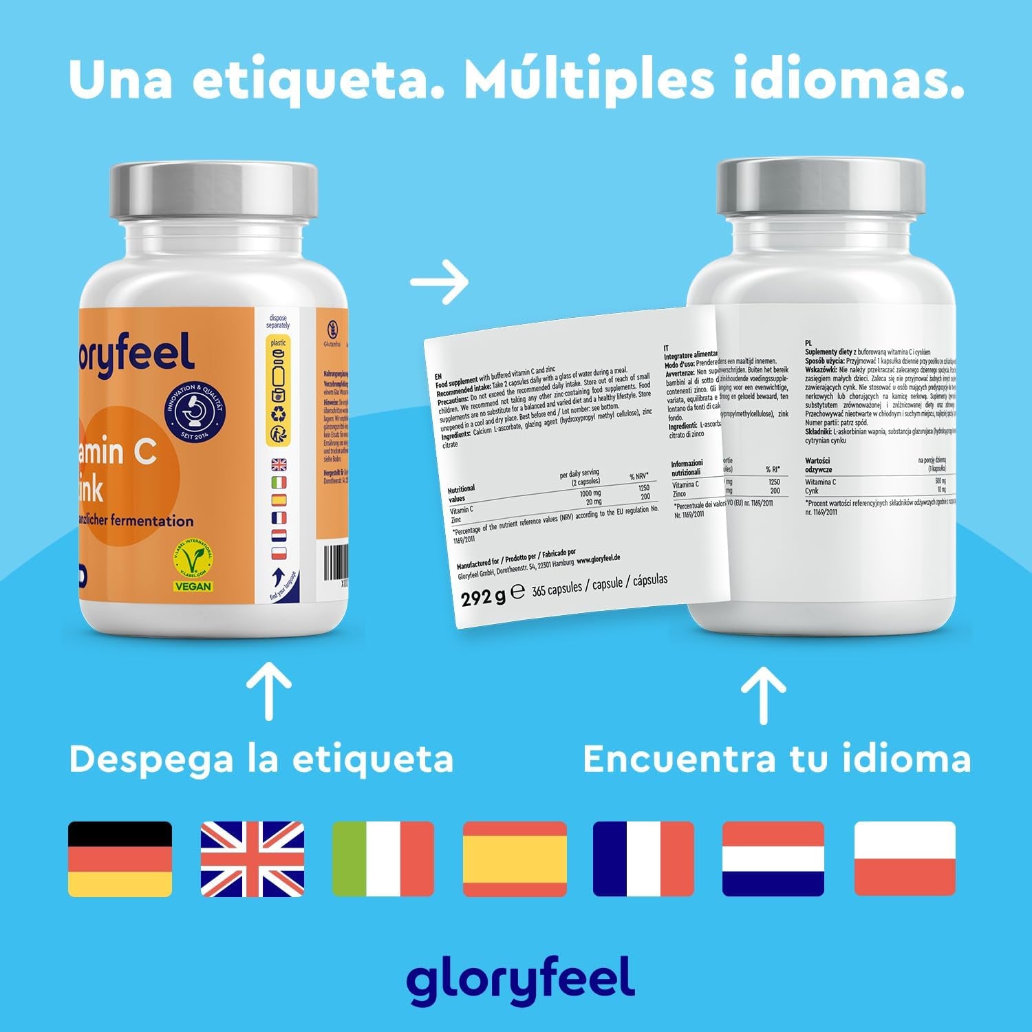 Vitamina C + Zinc - 365 Cápsulas - 1000Mg Vitamina C + 20Mg Zinc - Apoya El Sistema Inmunológico Y Reducen La Fatiga - Vitamina C Tamponada Con Protección Gástrica Y Ph Neutro - 100% Vegano