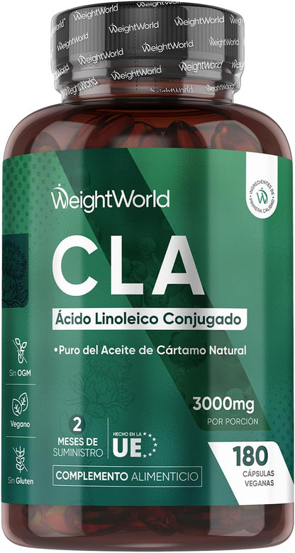 CLA Ácido Linoleico Conjugado 3000Mg 180 Cápsulas - Suplemento Keto De Perlas De Aceite De Cártamo Puro - Fuente Natural De Ácidos Grasos Omega 6 Sin Lactosa, Para 2 Meses