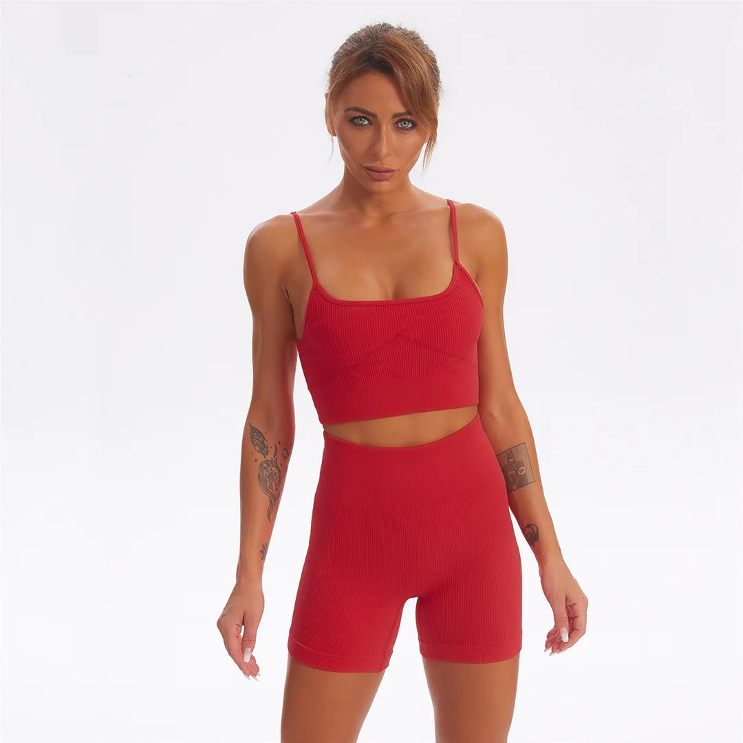 2 PCS Seamless Yoga Suit Women Sports Bra Vest High Waist Leggings Shorts Outfit Gym Set Fitness Workout Clothes Sportswear A056