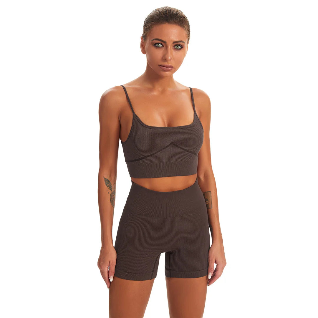 2 PCS Seamless Yoga Suit Women Sports Bra Vest High Waist Leggings Shorts Outfit Gym Set Fitness Workout Clothes Sportswear A056