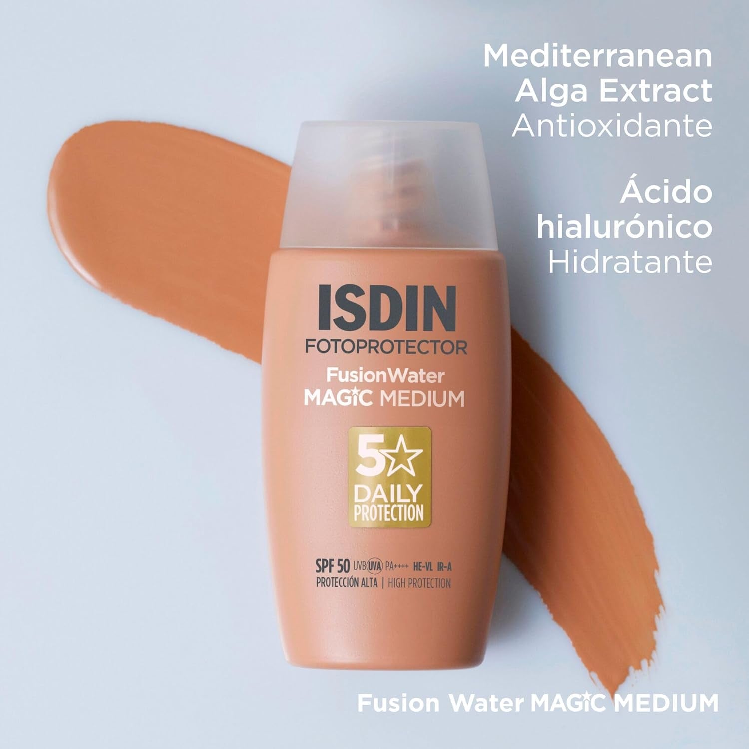 ISDIN Fusion Water Magic Color SPF 50, Protector Solar Facial De Uso Diario Ultraligero Con Color, 3 Tonos Disponibles, 50Ml