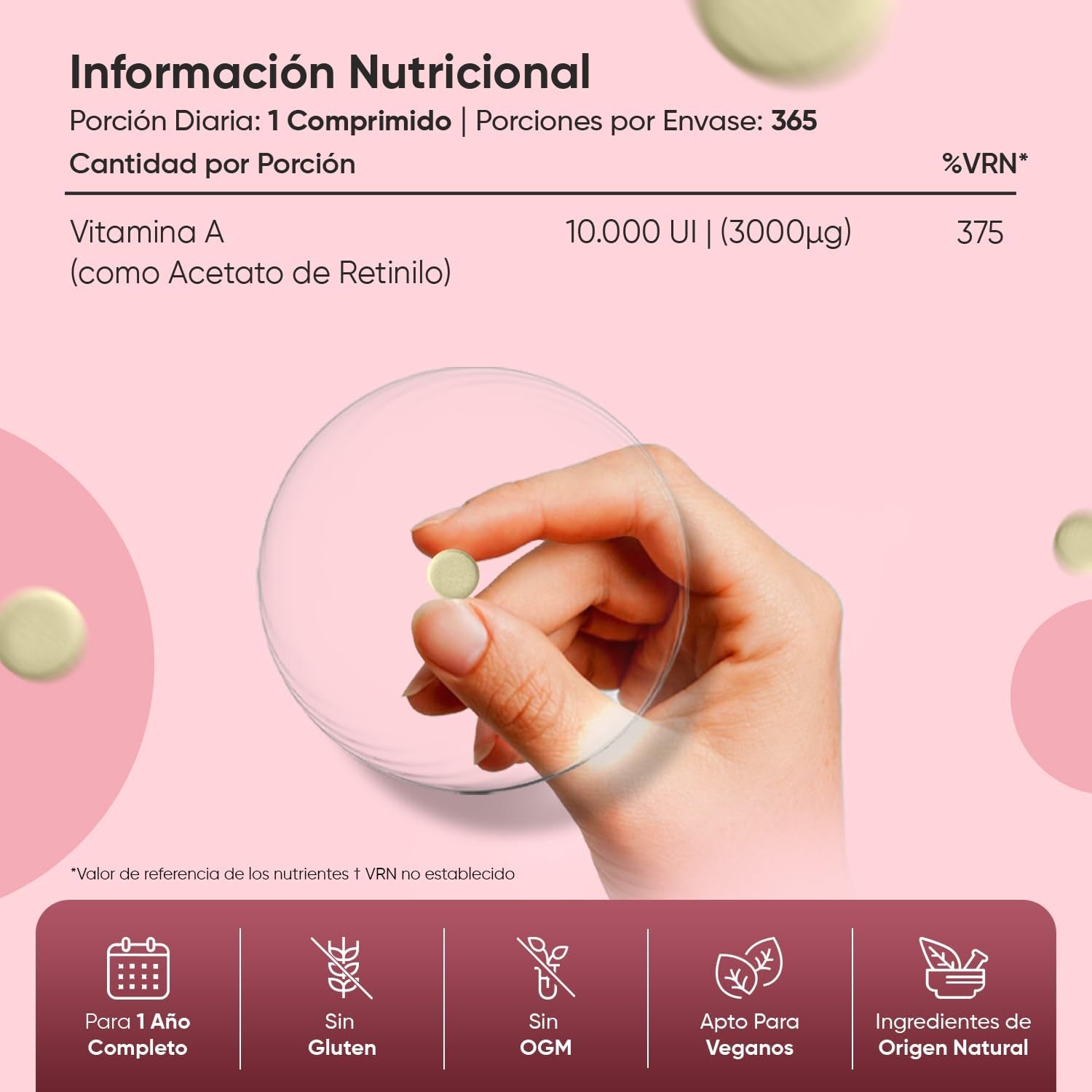 Vitamina a 10000 UI - 365 Comprimidos De Acetato De Retinol Vegano Y Sin OGM Para 1 Año - La Vitamina a Contribuye Al Mantenimiento Normal De La Vista (EFSA)
